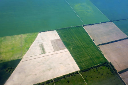 Green fields view from the plane to the ground. Fields of different colors are divided on the ground view from above.の写真素材