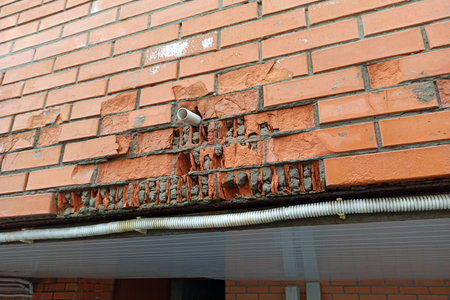 The red facade brick is cracked and destroyed by water. A pipe from an air conditioner and chipped...