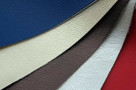 Leatherette samples top view. Fabric for sewing shoes, bags. Eco leather for furniture. Leather...