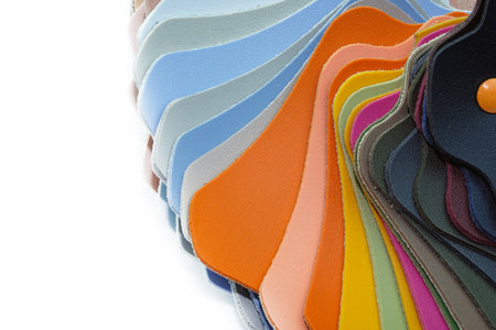 Different colors of samples of leatherette copy space. Colored leatherette catalog on a white background. Material for furniture upholstery.の写真素材