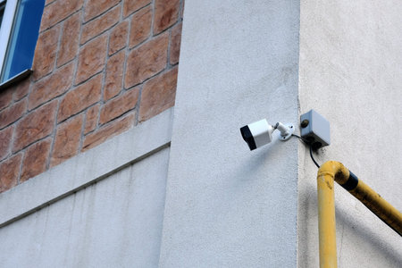 Video surveillance system on the old brick building. White Security Camera, CCTV on location.