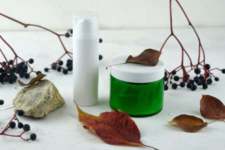 Cosmetic bottles for glass and plastic. Jars for creams and other skin care products. Cosmetic Bottle Set for liquid, cream, gel, lotion. Home made remedy and beauty product concept.の写真素材