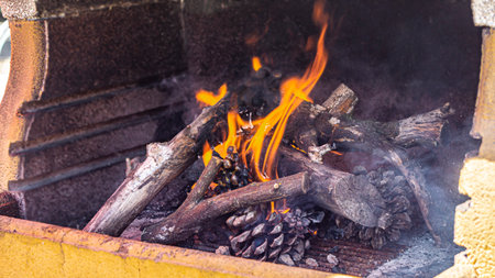 Burning firewood in a brazier, close-upの写真素材