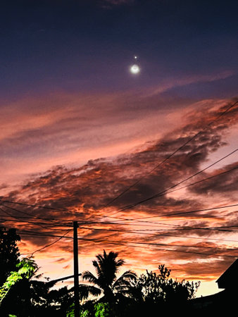 Sunset in the tropics. Silhouettes of palm trees and the moon.の写真素材
