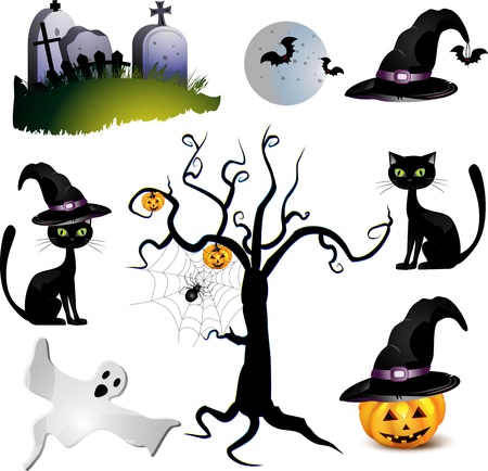 Halloween with pumpkin ,ghost , bat  and treeのイラスト素材