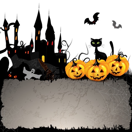 Halloween card with pumpkin and ghost castleのイラスト素材