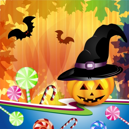 Halloween card with pumpkin, candies, cat , illustration のイラスト素材