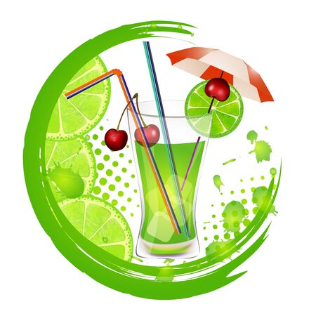 Glass of drink with straw ice cube and fruit pieceのイラスト素材