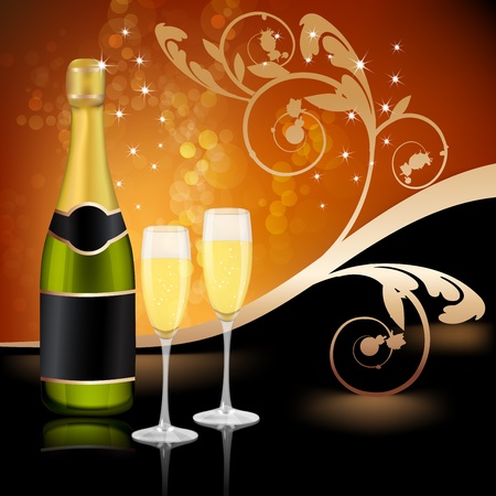Two glasses of champagne and bottle with decoration backgroundのイラスト素材