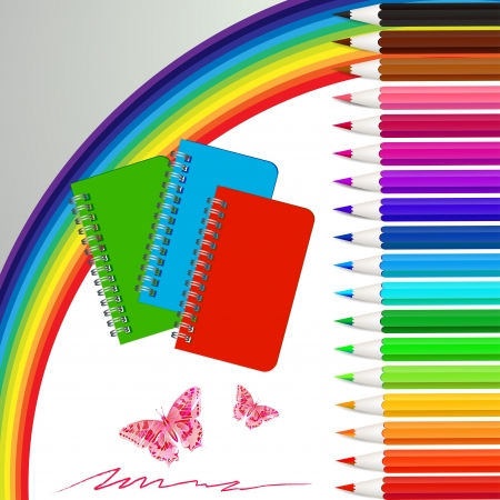 Set of colored pencils with notebooks and  rainbowのイラスト素材