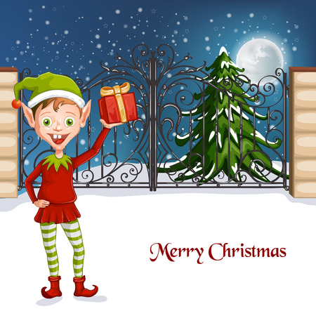 Cute Christmas elf holding a giftのイラスト素材