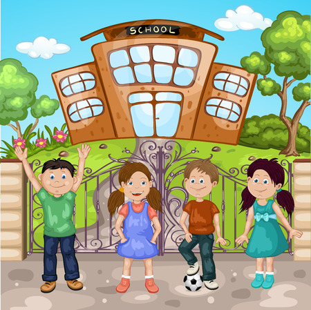Illustration of a kids in front of school buildingのイラスト素材