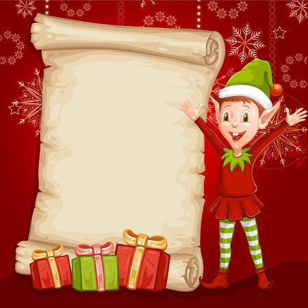 Christmas card with gifts and an elfのイラスト素材