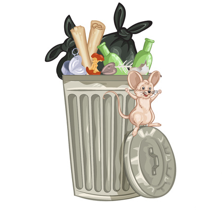 Illustration of a cartoon trash can.Happy rat playing near trash canのイラスト素材