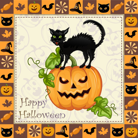 Happy Halloween frame with cat sitting on pumpkinのイラスト素材