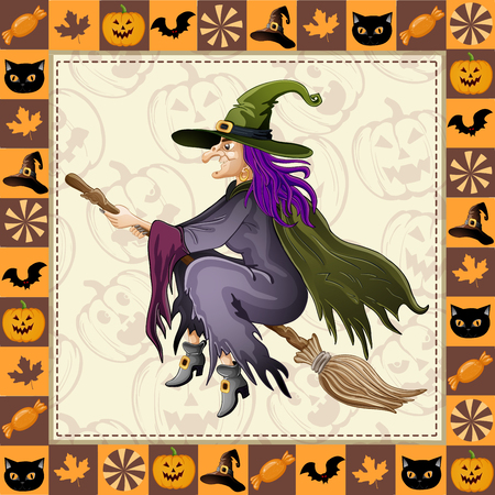 Happy Halloween frame with witches flying on broomのイラスト素材