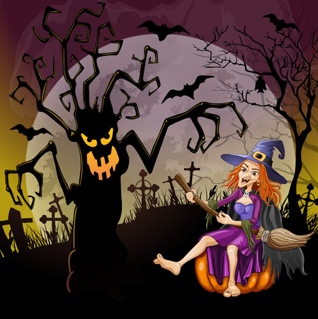 Halloween background with a dreadful monsters trees and happy witch on cemeteryのイラスト素材