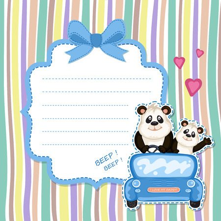 Daddy and baby panda in a blue car. Baby shower invitationのイラスト素材