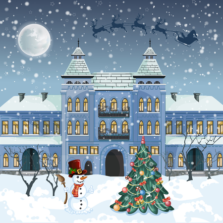 Merry Christmas card . Santa Claus with deers in sky above the city.のイラスト素材