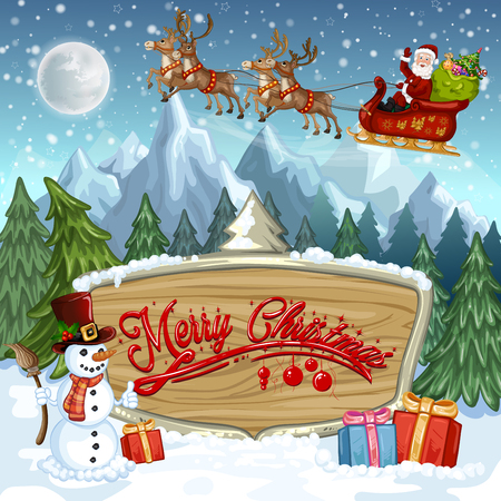Christmas banners with Santa Claus riding on sleigh with reindeer  and funny snowmanのイラスト素材