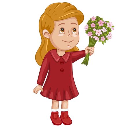 Illustration of a cute girl with a beautiful bouquet of flowersのイラスト素材