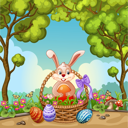 Cute Easter greeting card with bunny Easter ,eggs and flowersのイラスト素材