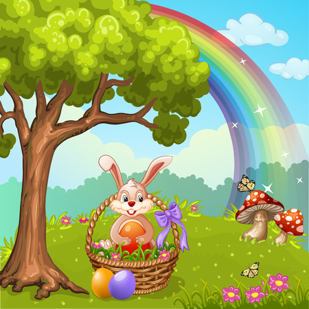 Cute Easter greeting card with bunny Easter ,eggs and flowersのイラスト素材