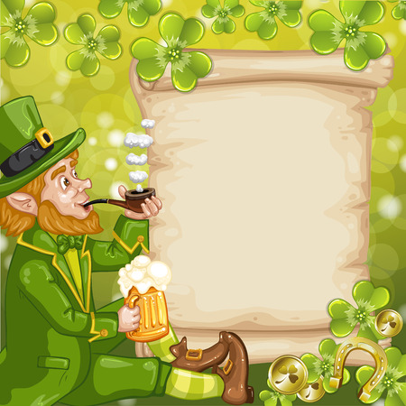 Cute Irish Leprechaun with mugs of green background and old paper for textのイラスト素材