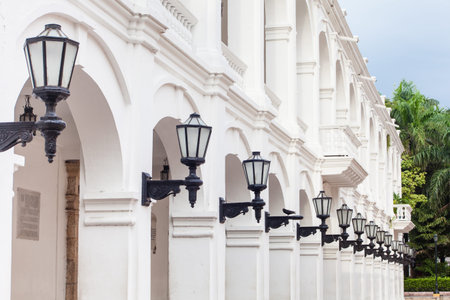 Row of antique street lanterns in Cartagena de Indias