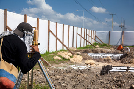 Surveyor looking through the theodoliteのeditorial素材