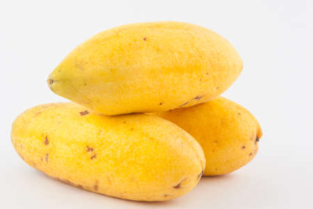 Exotic tropical fruit called curuba (Passiflora tripartita) on white backgroundの写真素材