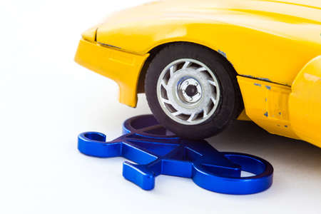 Car and bicycle traffic accident concept isolated in white backgroundの写真素材