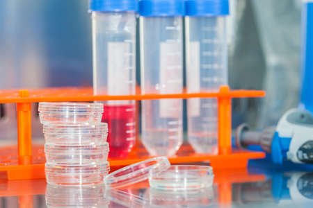 Laboratory materials in a safety laminar air flow cabinet at laboratoryの写真素材