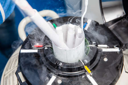 Liquid nitrogen cryogenic tank at life sciences laboratoryの写真素材
