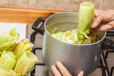 Colombian Sweet Corn Wrap Preparationの写真素材