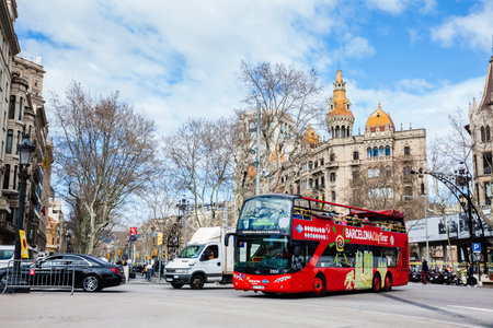 Touristic bus at Gran Via de les Corts Catalanes in Barcelona Spainのeditorial素材