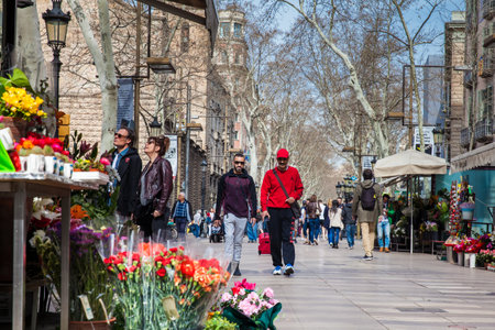The Rambla pedestrian street in Barcelona Spainのeditorial素材