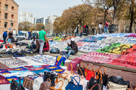 Street vendors at Port Vell in Barcelona Spainのeditorial素材