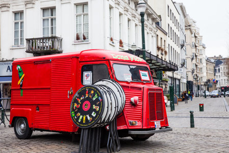 St. Catherine's Church and the vintage red food truck in a freezing winter day