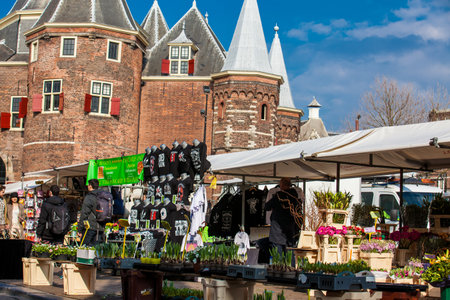 The Nieuwmarkt square general goods market in the old center of Amsterdamのeditorial素材