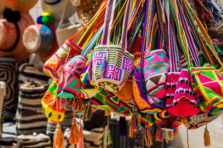 Street sell of handcrafted traditional Wayuu bags in Cartagena de Indiasのeditorial素材