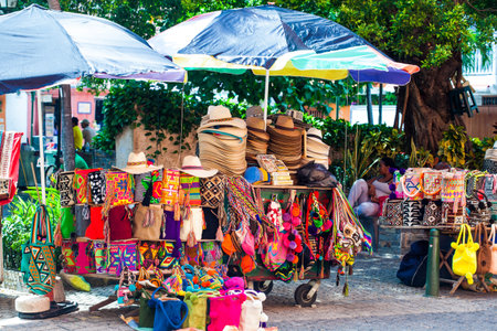 Street sell of Colombian typical handicrafts in the walled city in Cartagena de Indiasのeditorial素材