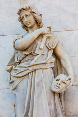 Melpomene muse statue at the facade of the Adolfo Mejia theater in Cartagena de Indiasのeditorial素材