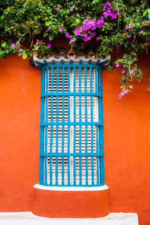 The colorful colonial houses at the walled city of Cartagena de Indiasの写真素材