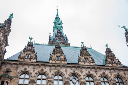 Hamburg City Hall buildiing located in the Altstadt quarter in the city center at the Rathausmarkt square in a cold rainy early spring dayのeditorial素材