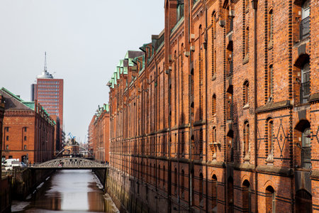 Canals and bridges at Hamburg in a cold early spring dayのeditorial素材