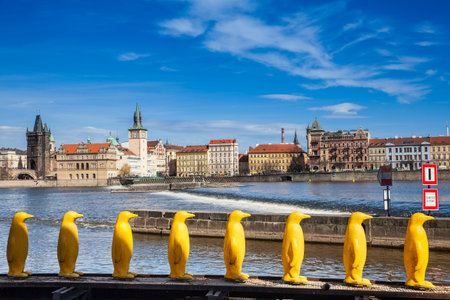 Yellow Penguins at Kampa park created by the Cracking Art Group with recycled bottles to send message about the dangers of climate changeのeditorial素材