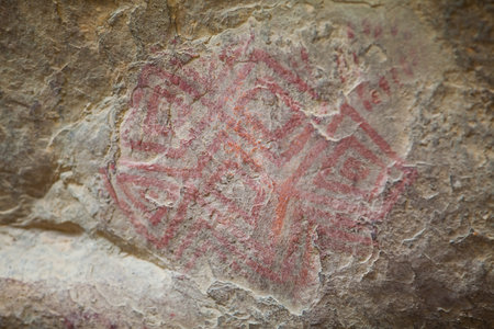 Prehistoric paintings on rock known as petroglyphs in the municipality of Facatativa in Colombia