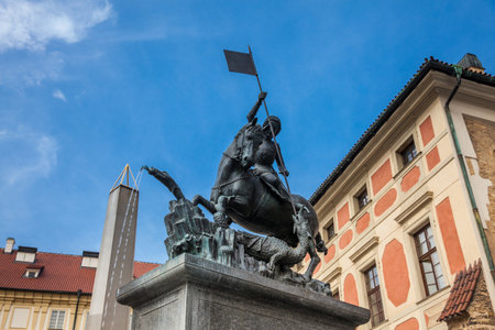 PRAGUE, CZECH REPUBLIC - APRIL, 2018: The 14th century gothic bronze statue of St.George killing a dragonのeditorial素材