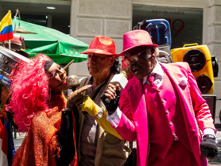 Salsa singer and dancer performing at a Cali city center streetのeditorial素材